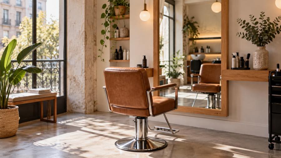Peluquería moderna y cálida con sillón de corte y espejo de madera